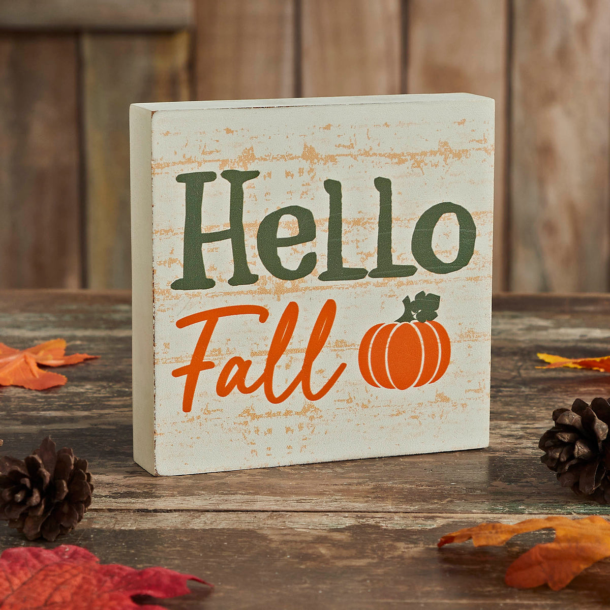 Hello Fall Pumpkin Autumn Harvest Farmhouse Rustic Cream MDF Tabletop Sign Inch Decorative Plaque