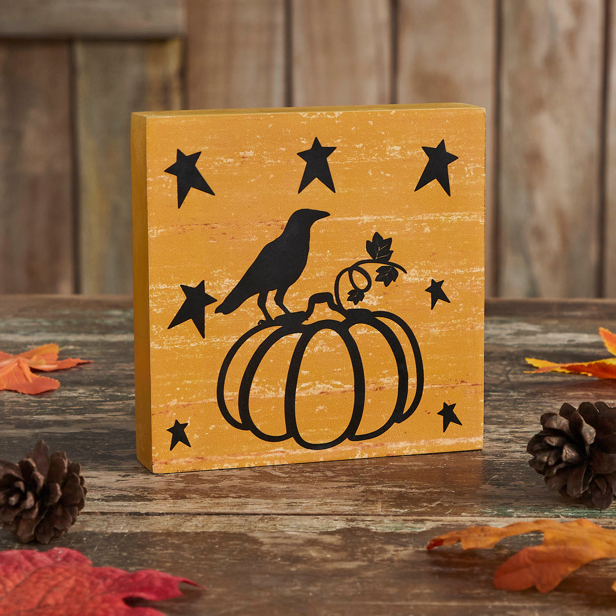 Prim Stars Primitive Halloween Pumpkin Raven MDF Sign Mustard Fall Tabletop Home Decor