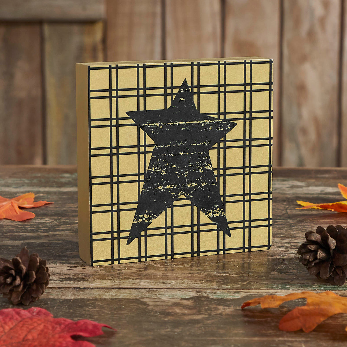 Primitive Black Star MDF Wood Sign Rustic Farmhouse Tan Wall Decor Inch