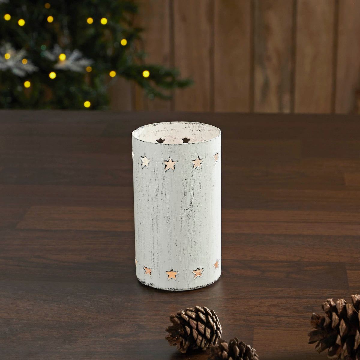 Star Border Distressed White Metal Candle Holder 4.25x2.75x2.75