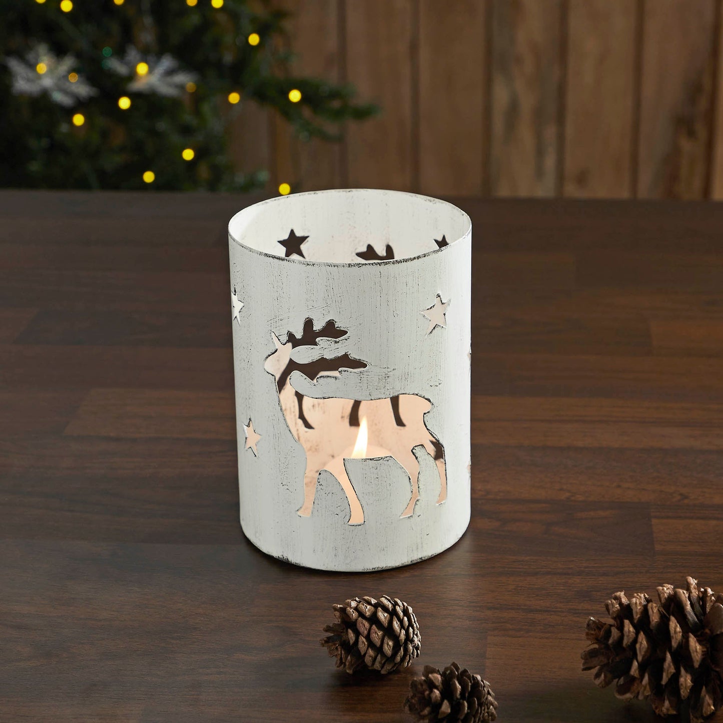 Winter Walk Distressed White Metal Candle Holder 6x4.25x4.25