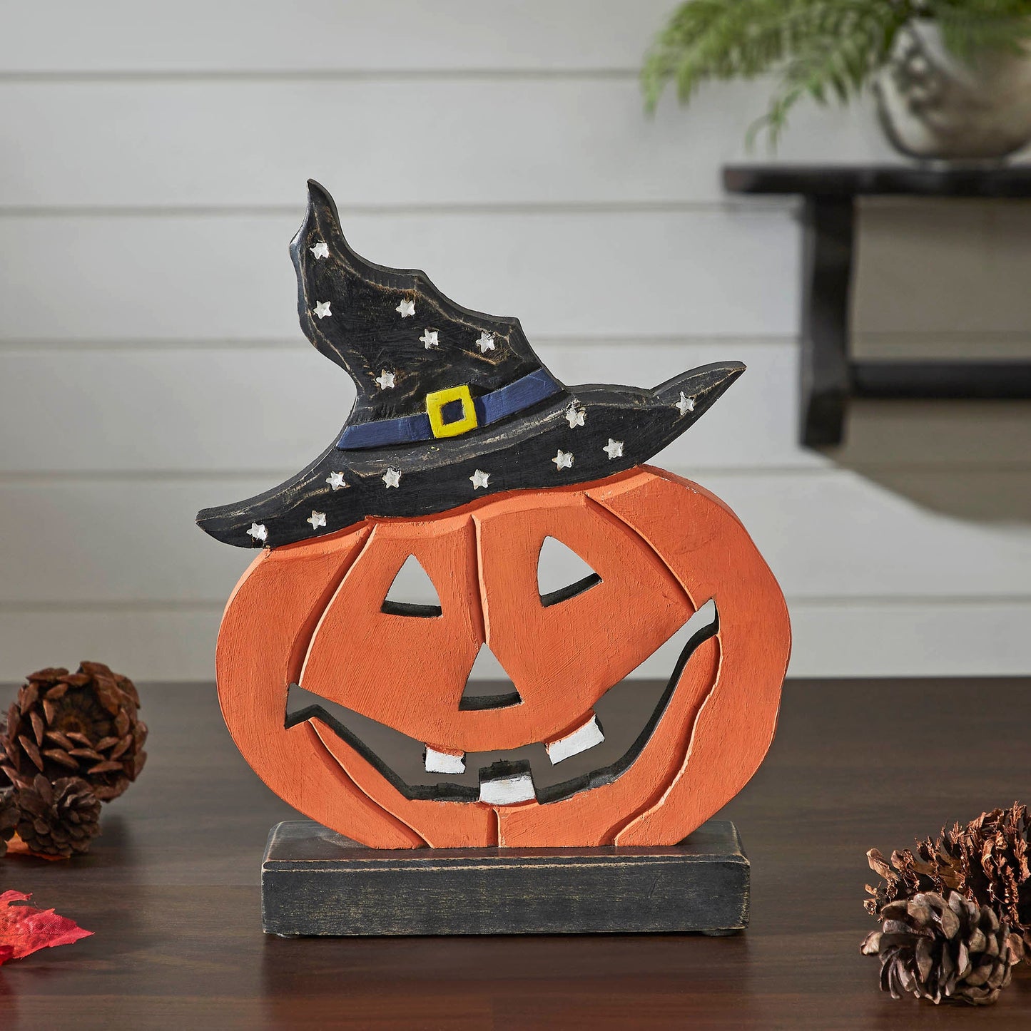 Halloween Wooden Jack O Lantern Pumpkin Tabletop Decor with Witch Hat, Fall Spooky Home Accent 10x8x2 Inch