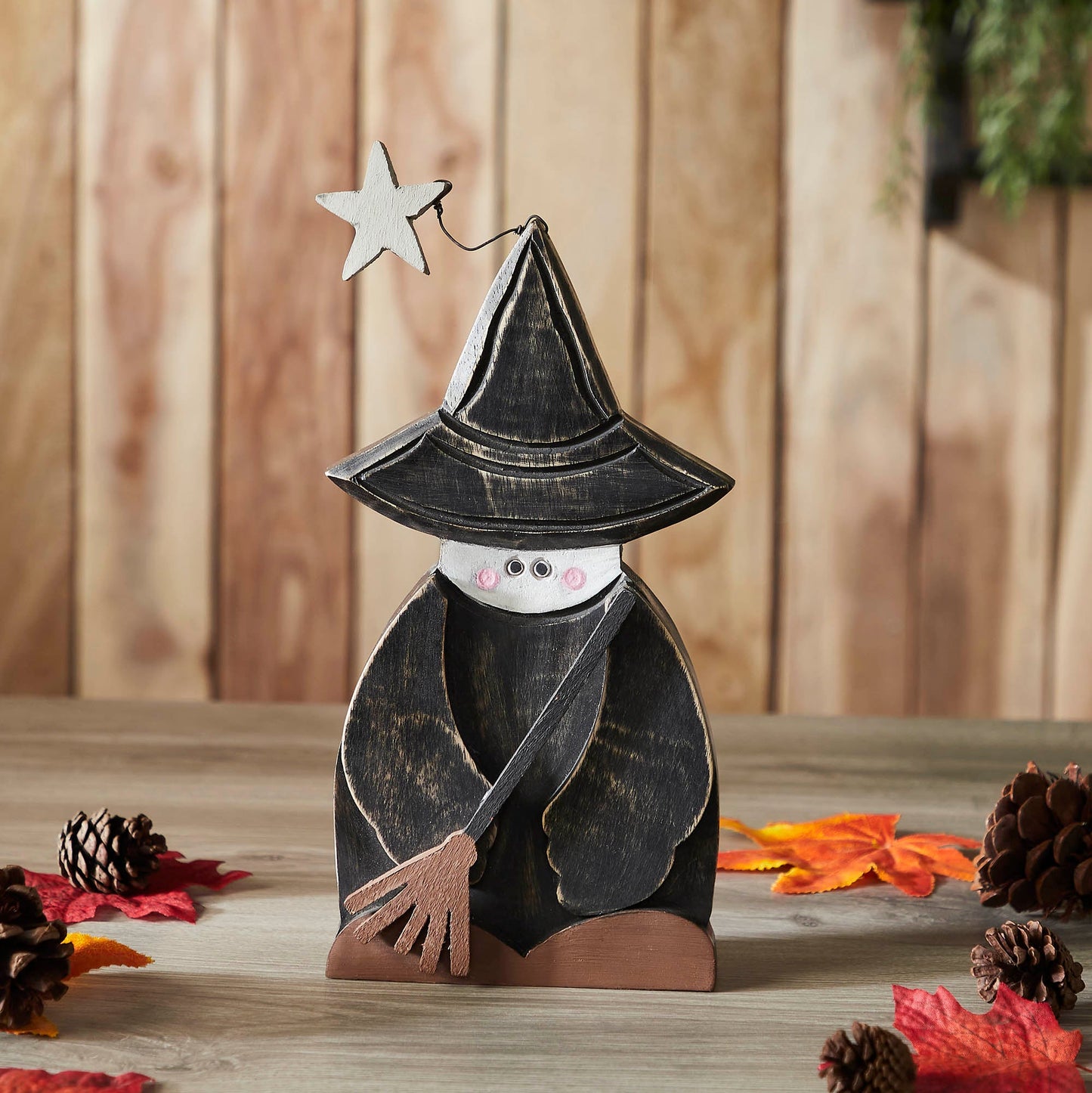 Halloween Rustic Wooden Witch Figurine with Broom Fall Tabletop Seasonal Decor