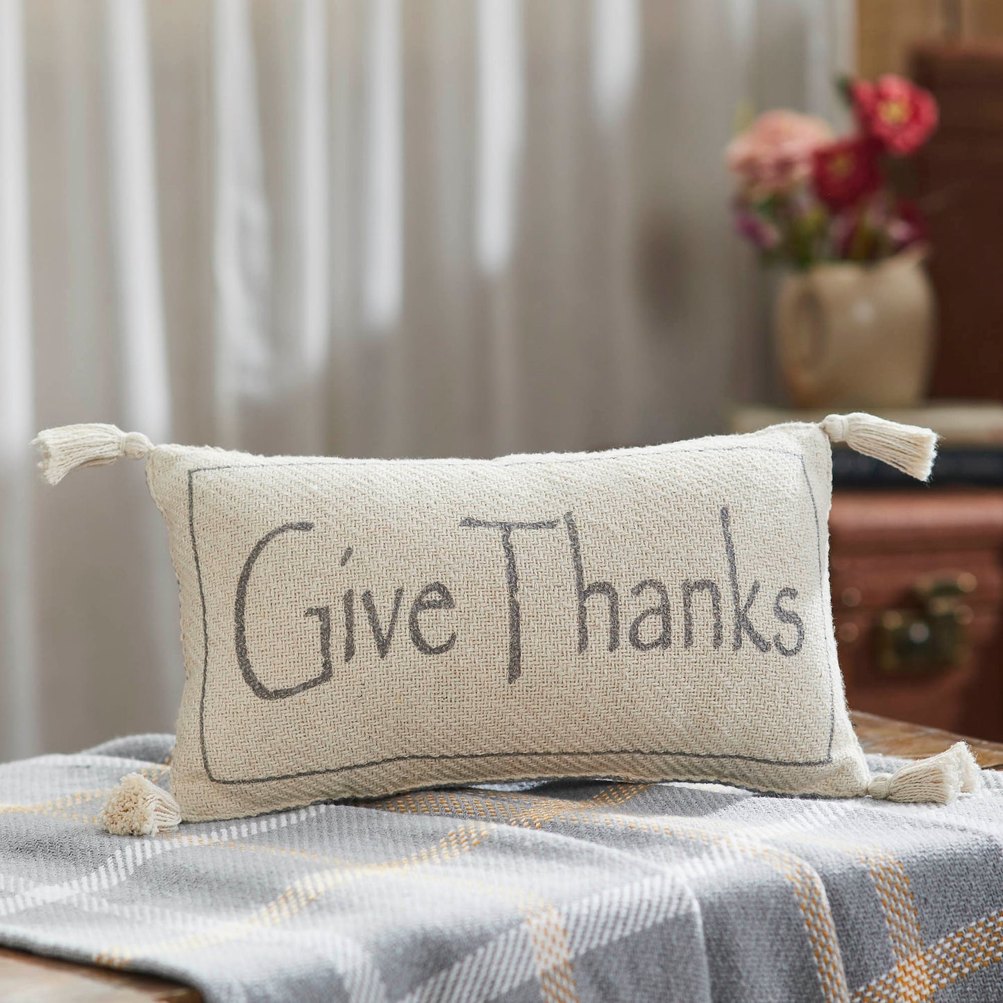 Harvest Give Thanks Woven Lumbar Pillow, Fall Autumn Farmhouse Decor