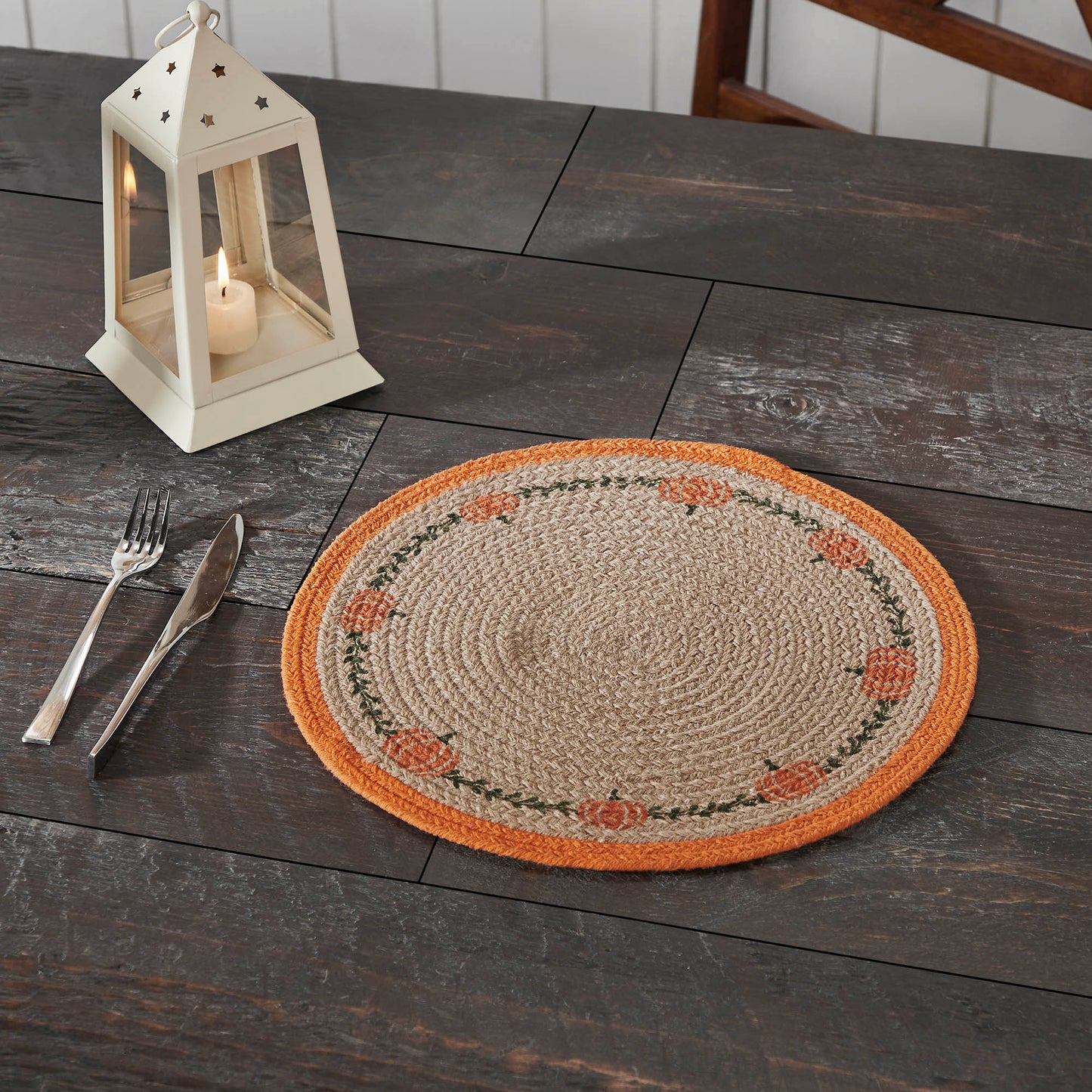 Harvest Blessings Natural Stenciled Pumpkin Placemat, 14 Inch Round Fall Table Decor