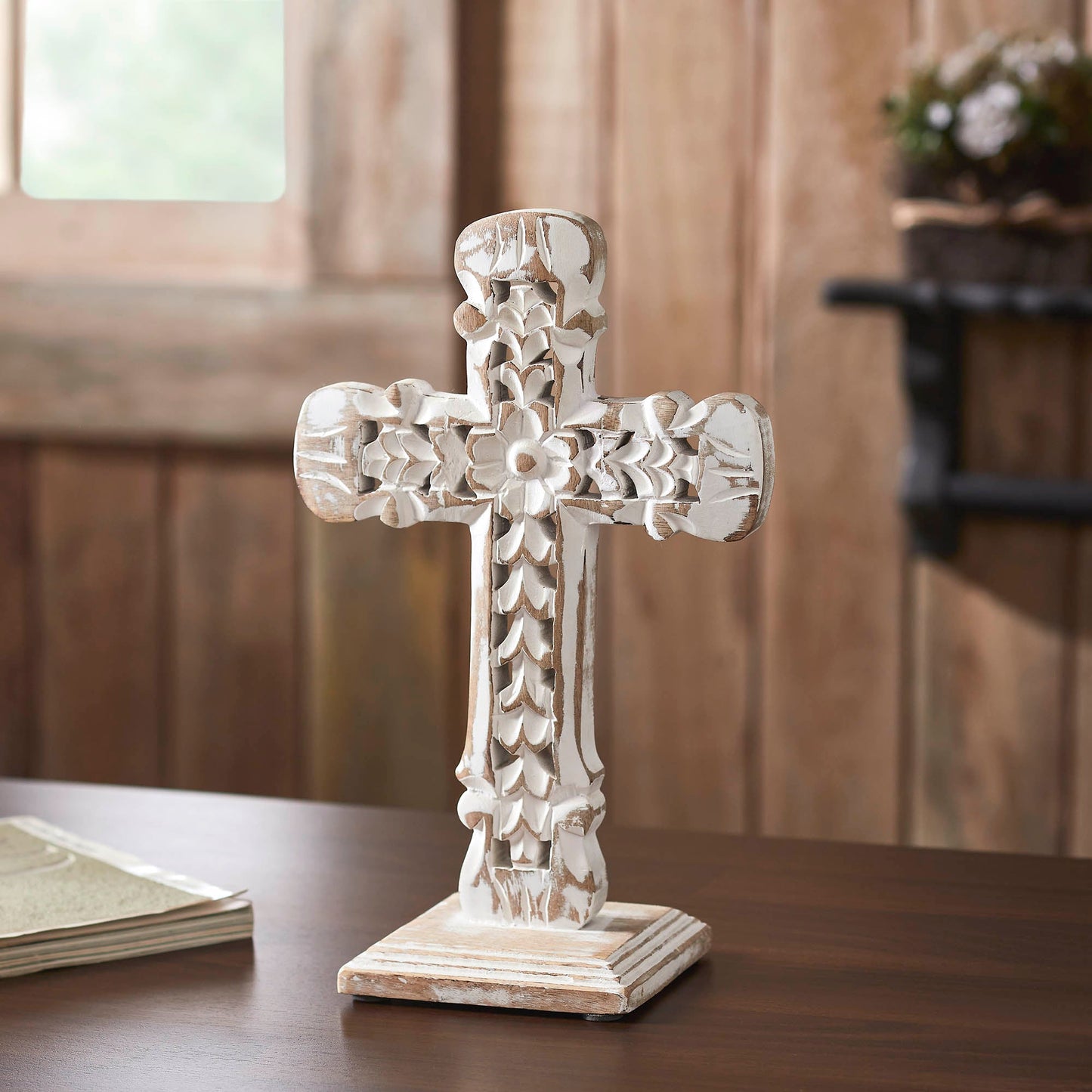 Natural & Distressed White Wooden Cross w/ Rosette Center & Base