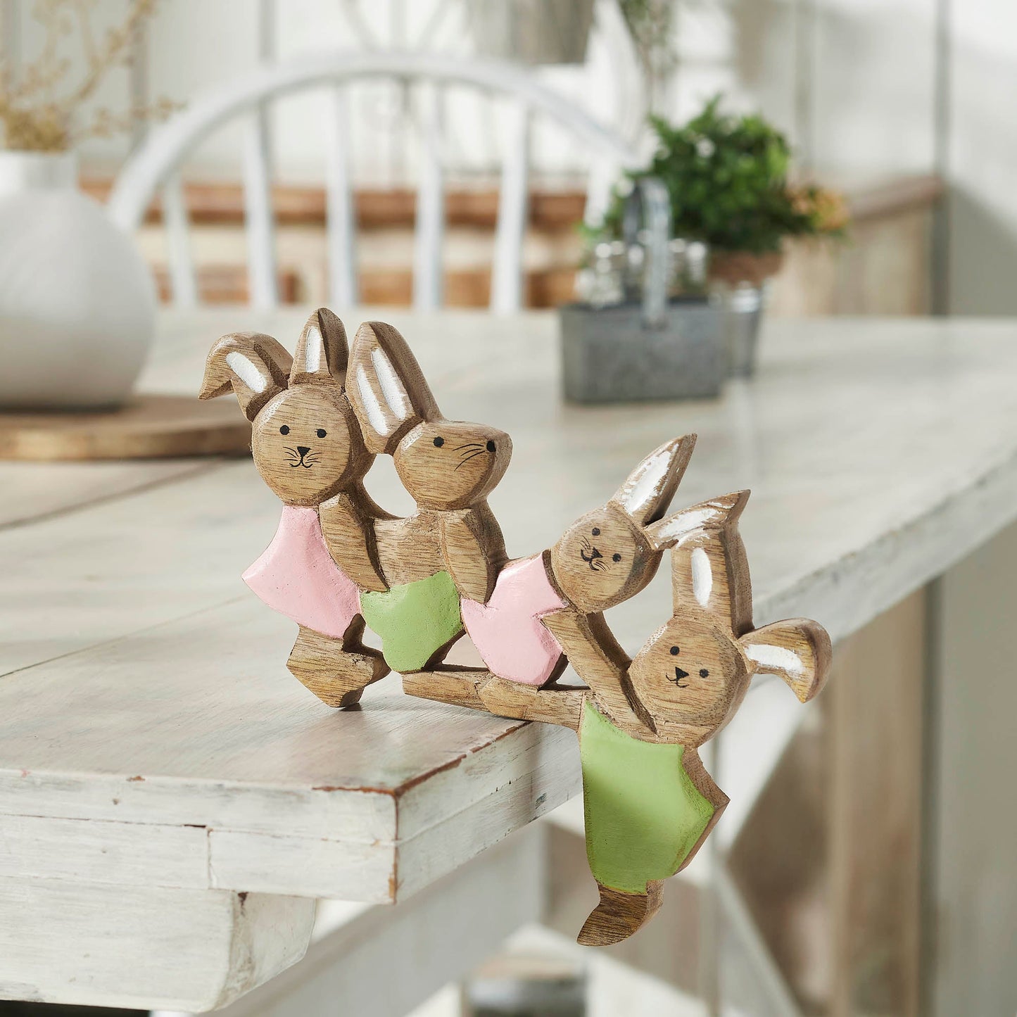 Bunny Hop Wooden Bunny Playtime Foursome - Natural Mango Wood Rustic Easter Decor - Freestanding Shelf Sitter - 7x9.5x1