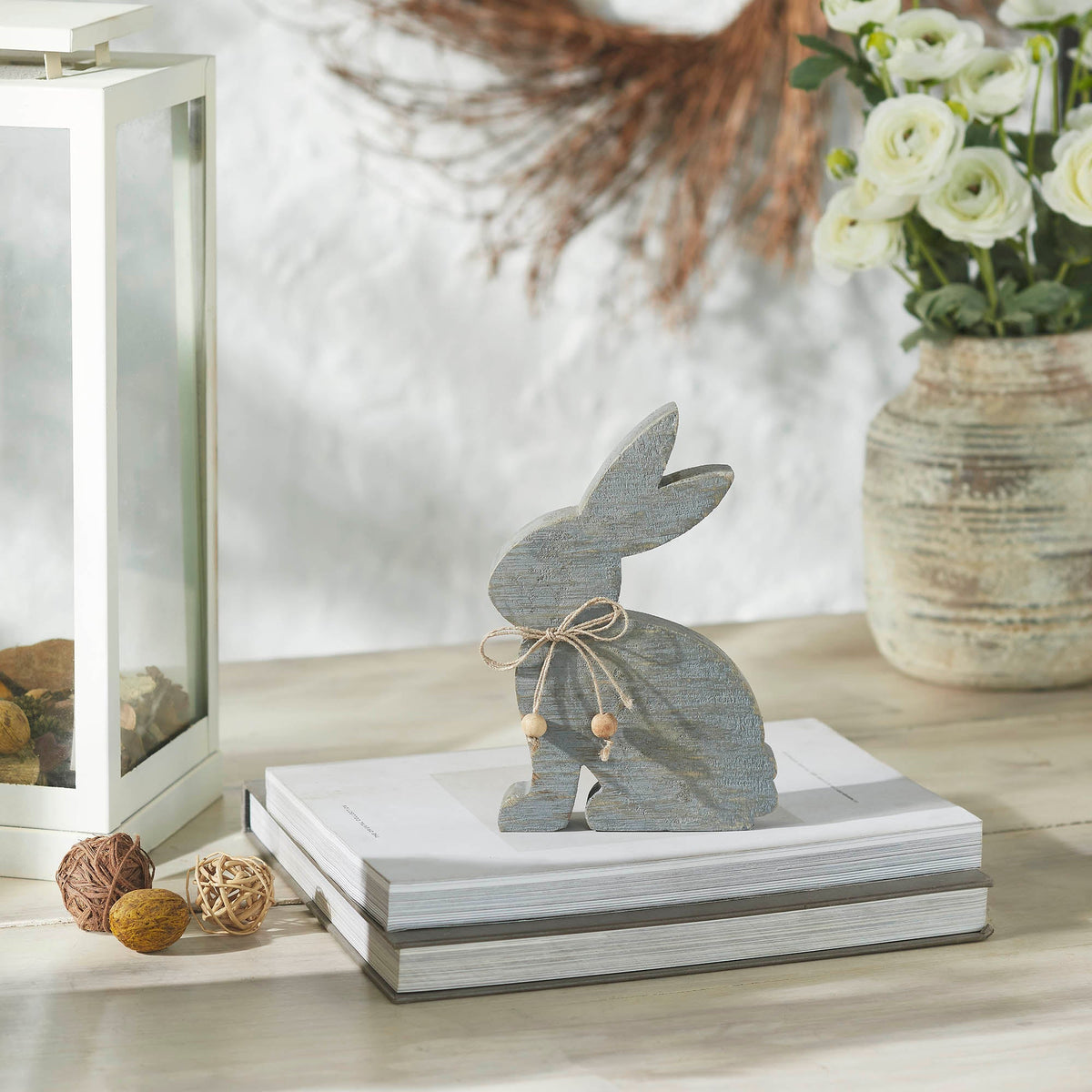 Bunny Hop Wooden Sitting Bunny Grey w/ Natural Beads