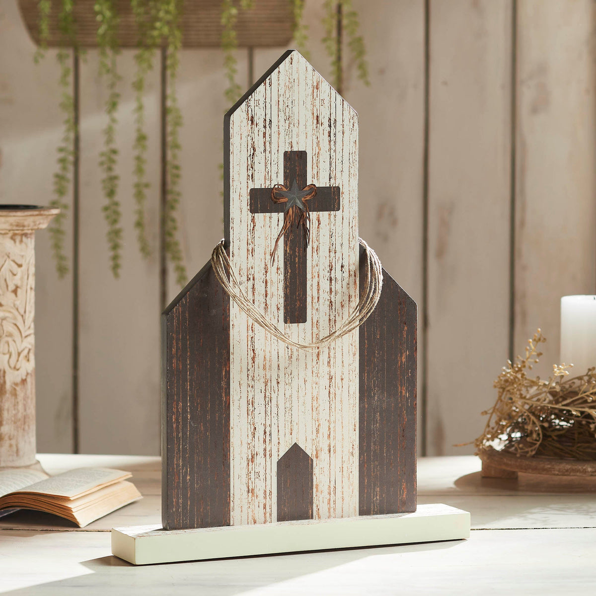 Celebrate Grace MDF Church w/ Cross Star & Jute Twine Coil