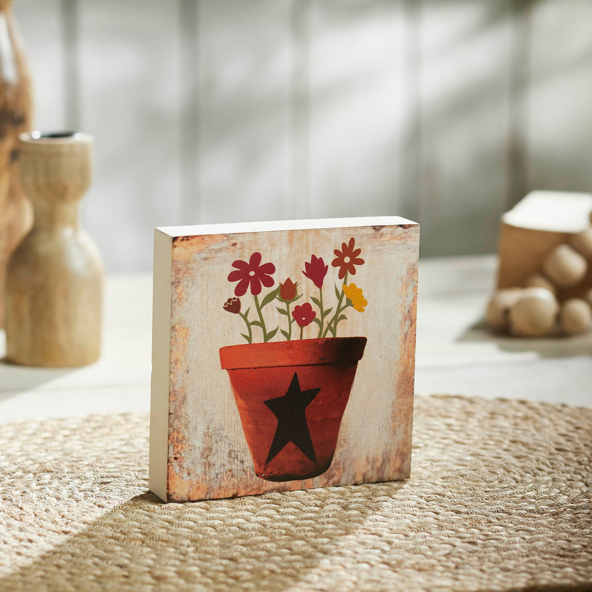 Spring In Bloom Flower Pot w/ Primitive Star MDF Block Sign