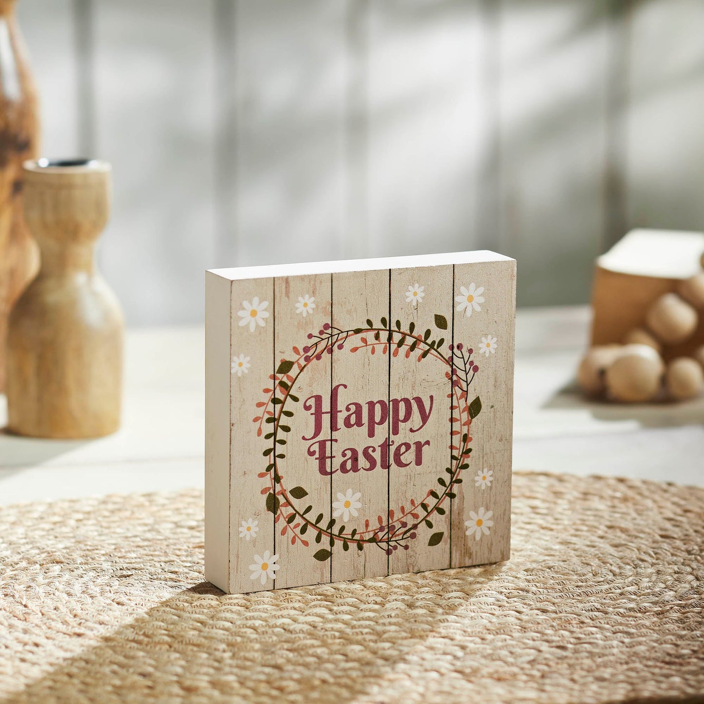 Spring In Bloom Happy Easter w/ Wreath Shiplap MDF Block Sign