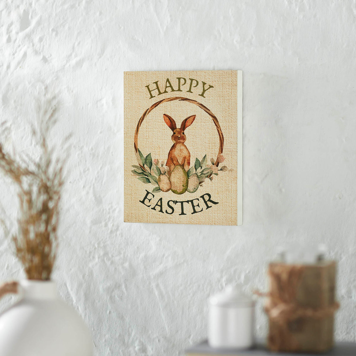 Spring In Bloom Happy Easter Bunny & Eggs In Wreath MDF Wall Sign