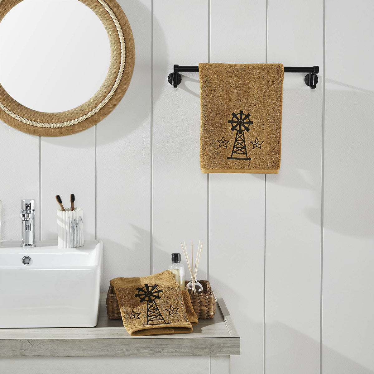 Black Windmill & Stars Tan Hand Towel Set of 2