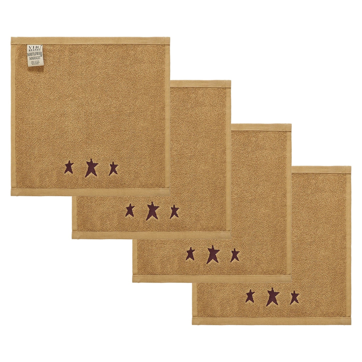 Burgundy Prim Stars Tan Washcloth Set of 4 12x12