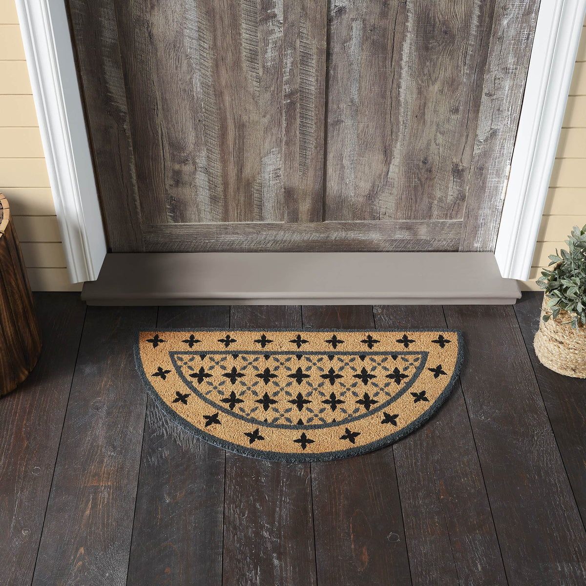Charleston Mosaic Black Grey Coir Rug Half Circle 16.5x33