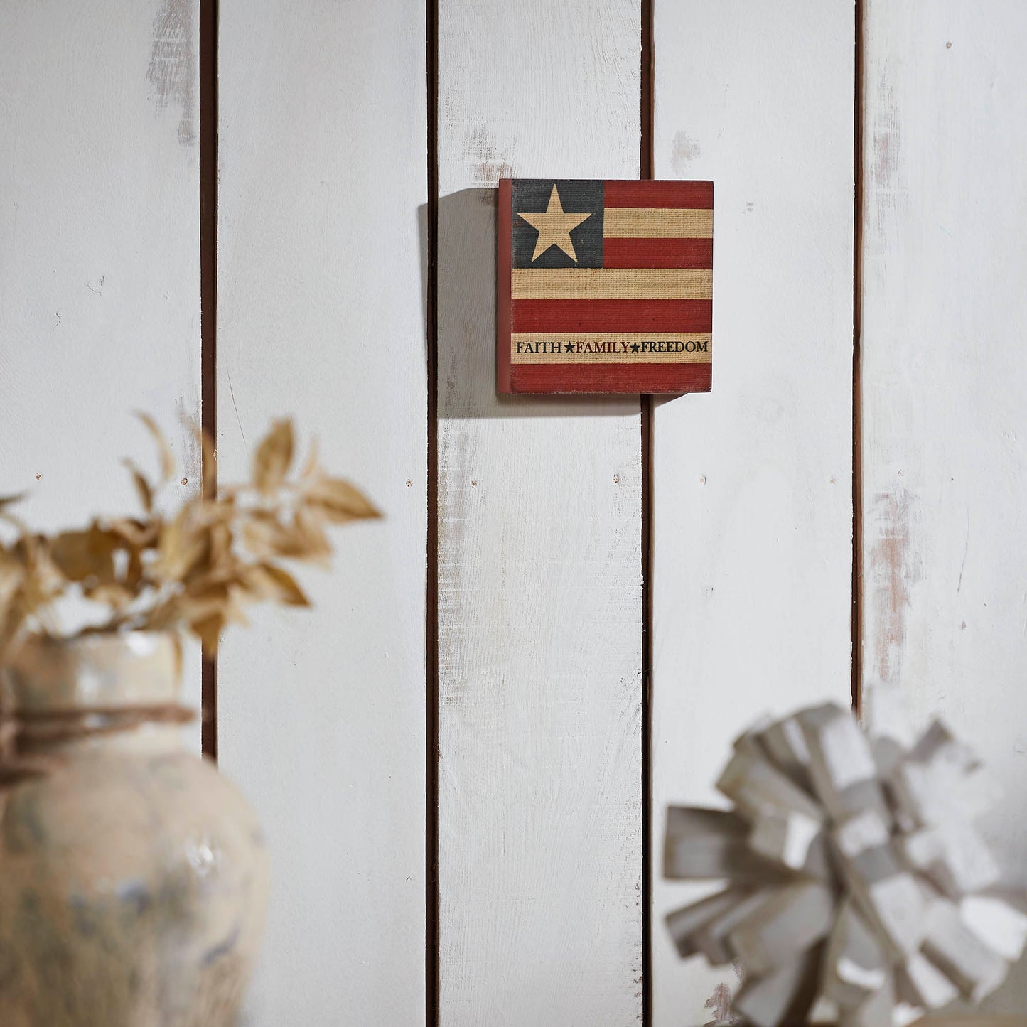 Faith Family Freedom on Flag MDF Block Sign 5x5x1