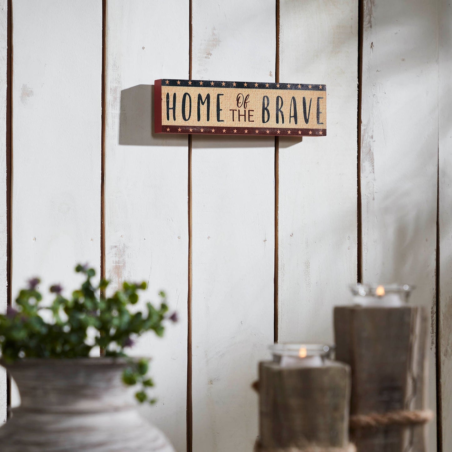 Home Of The Brave w/ Red Blue Star Stripes MDF Block Sign 3x10x1