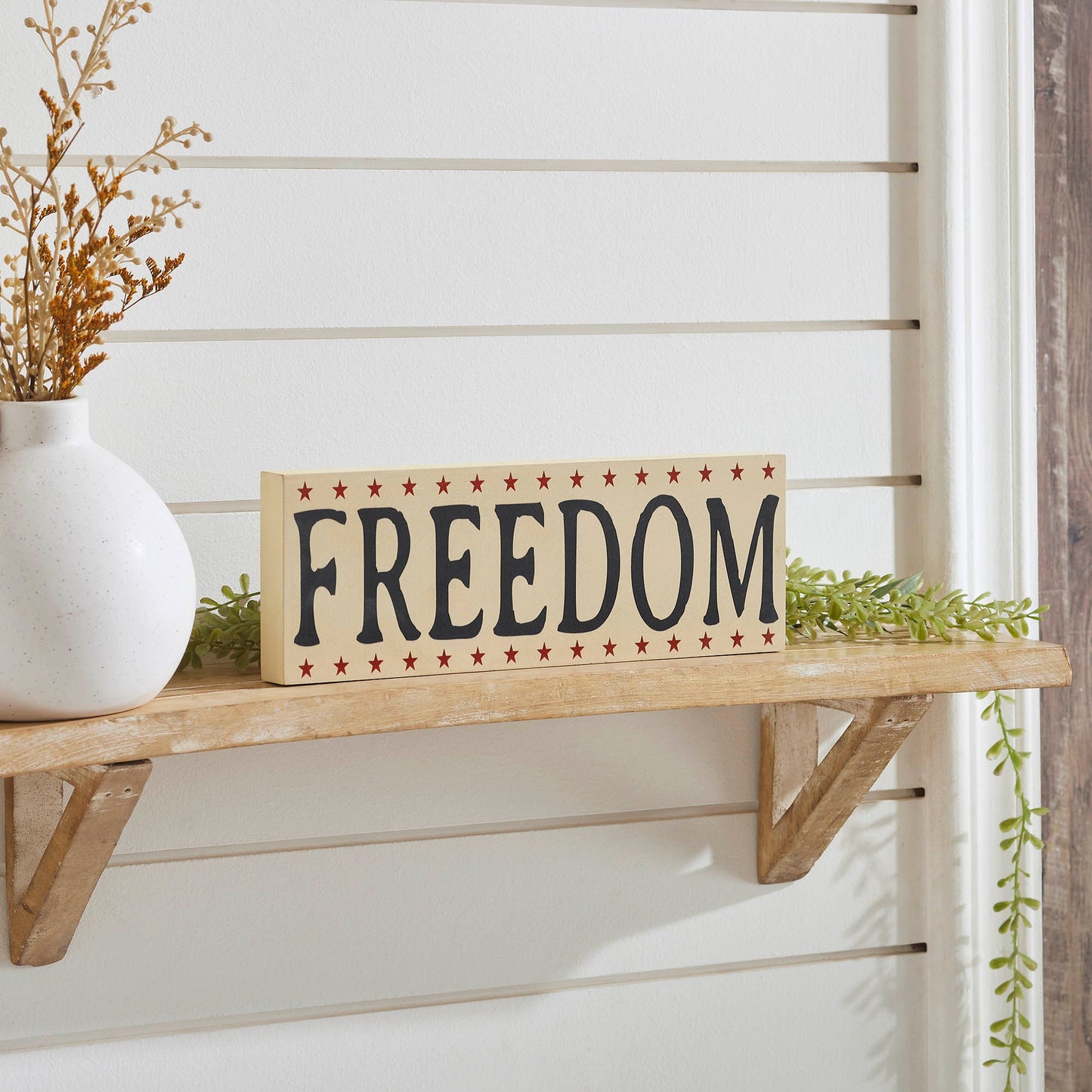FREEDOM w/ Red Stars On Creme MDF Block Sign