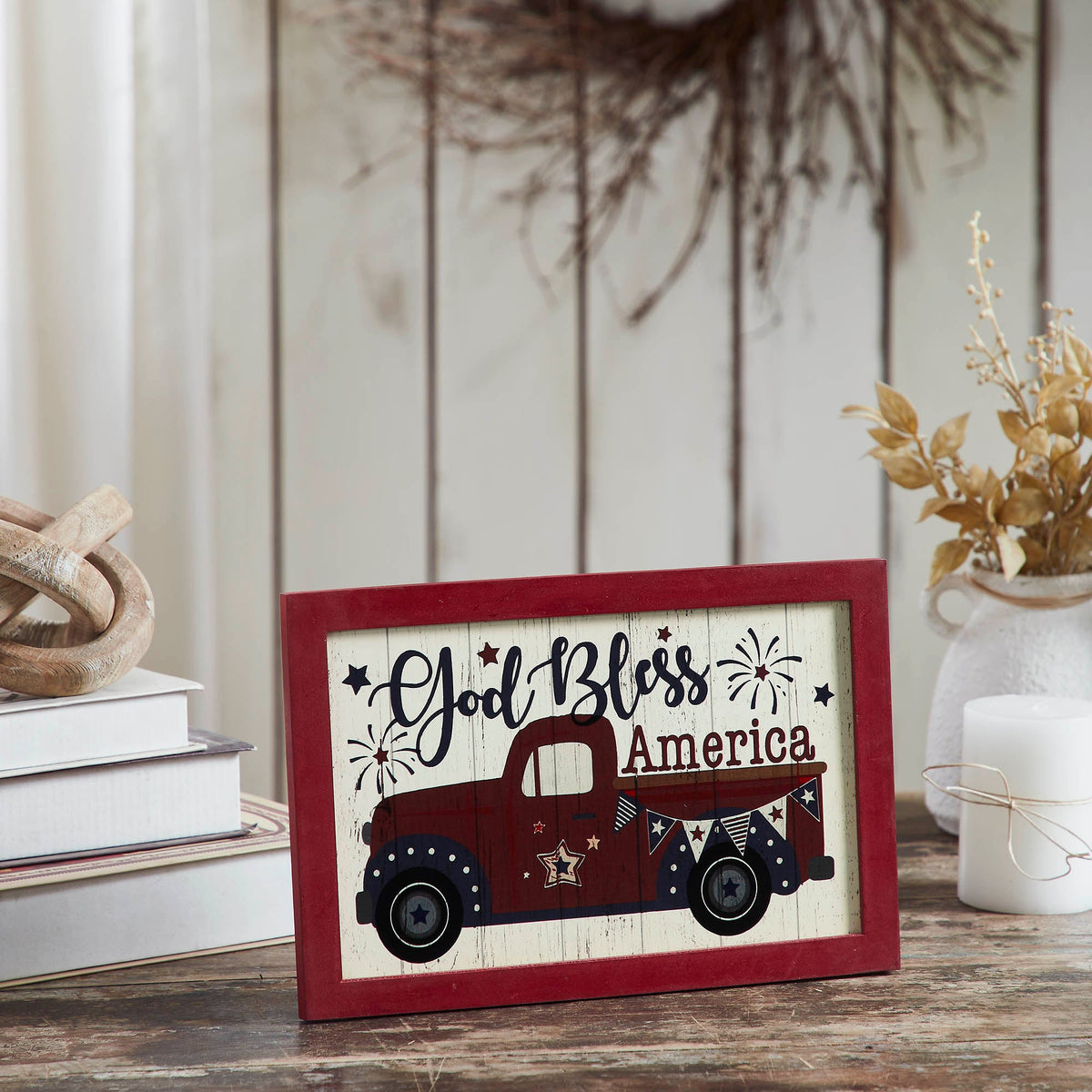 Shiplap God Bless America Red Truck Bunting & Fireworks MDF Wall Sign
