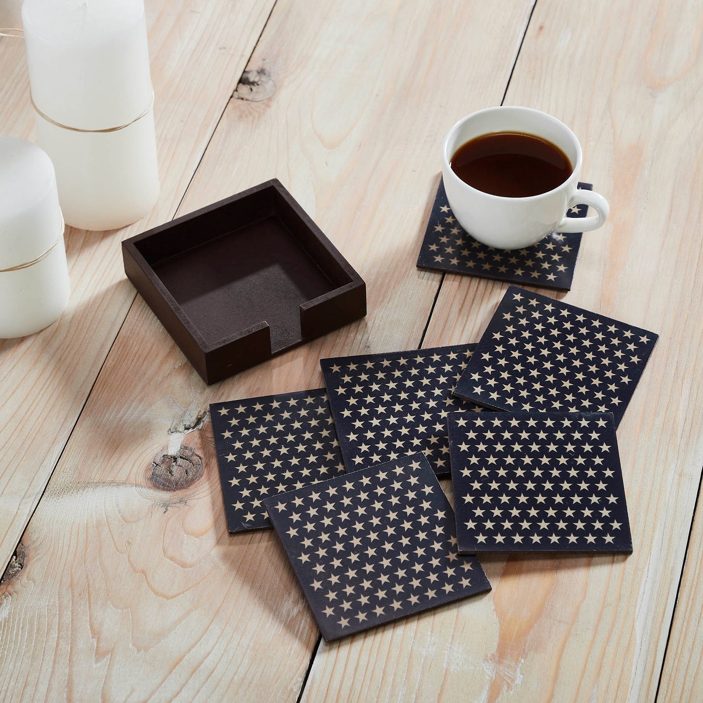 White Stars On Navy MDF Coaster w/ Container Set of 6