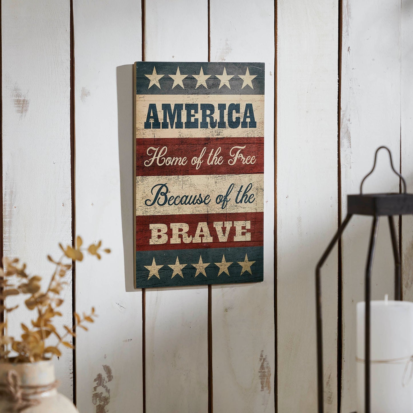 AMERICA Home Of The Free Because Of The Brave w/ Stars & Stripes MDF Wall Sign 16x10