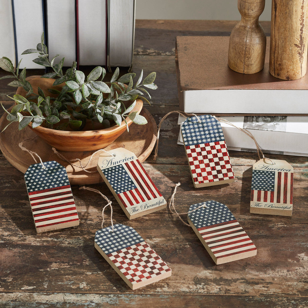 My Country Americana MDF Tag Ornaments w/ Twines Sets of 6
