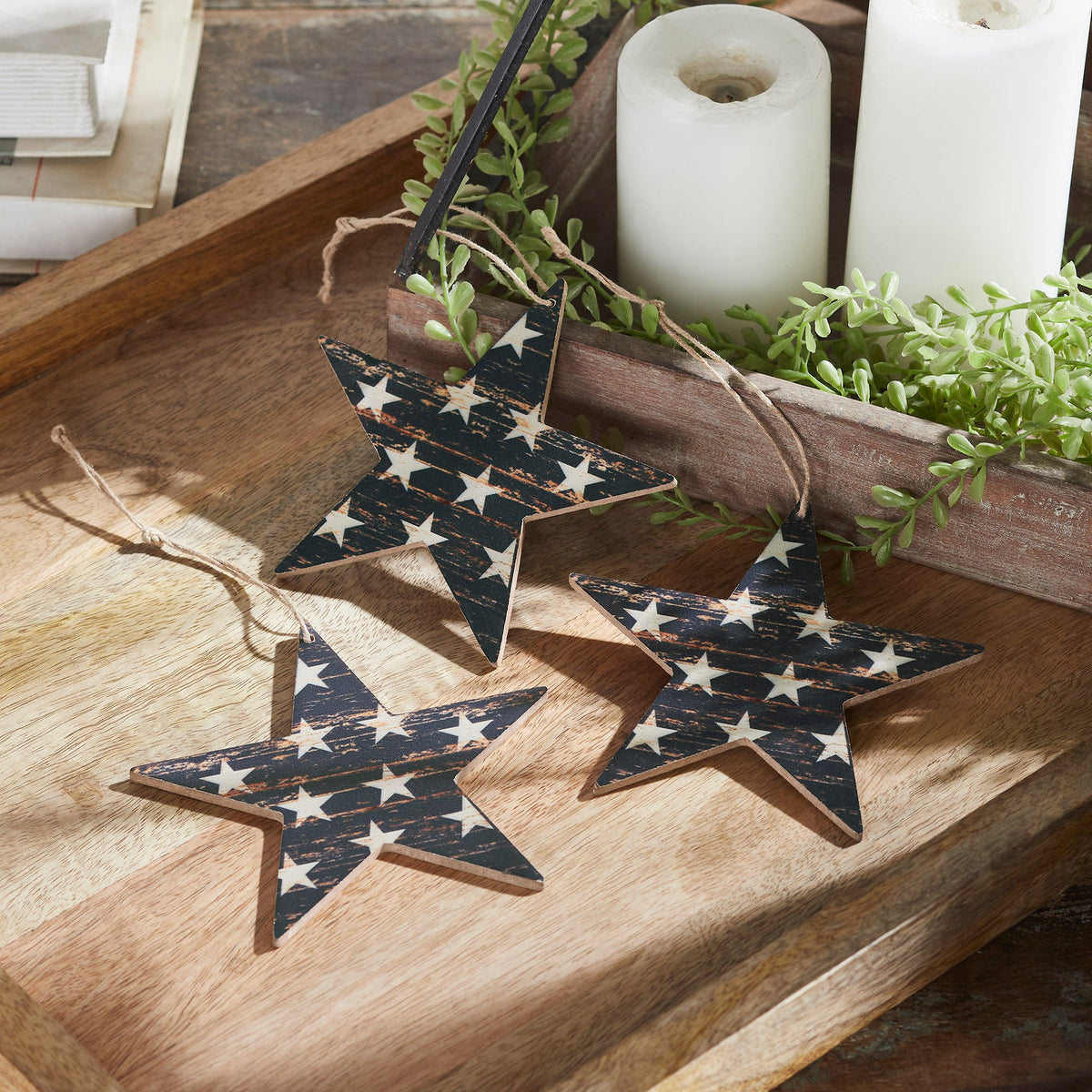 My Country White Stars On Navy MDF Star Ornament Set of 3