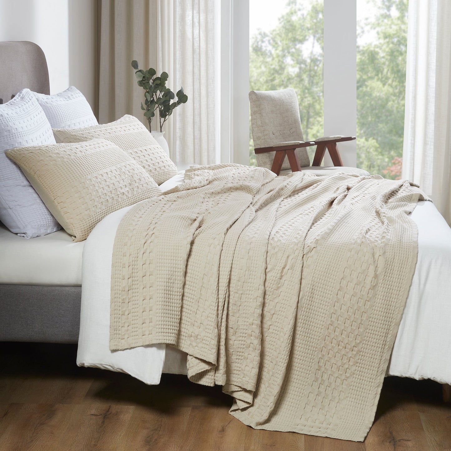 Natural Cream Waffle Weave Cotton Twin Blanket - 66x90 - Lightweight Bed & Sofa Cover -