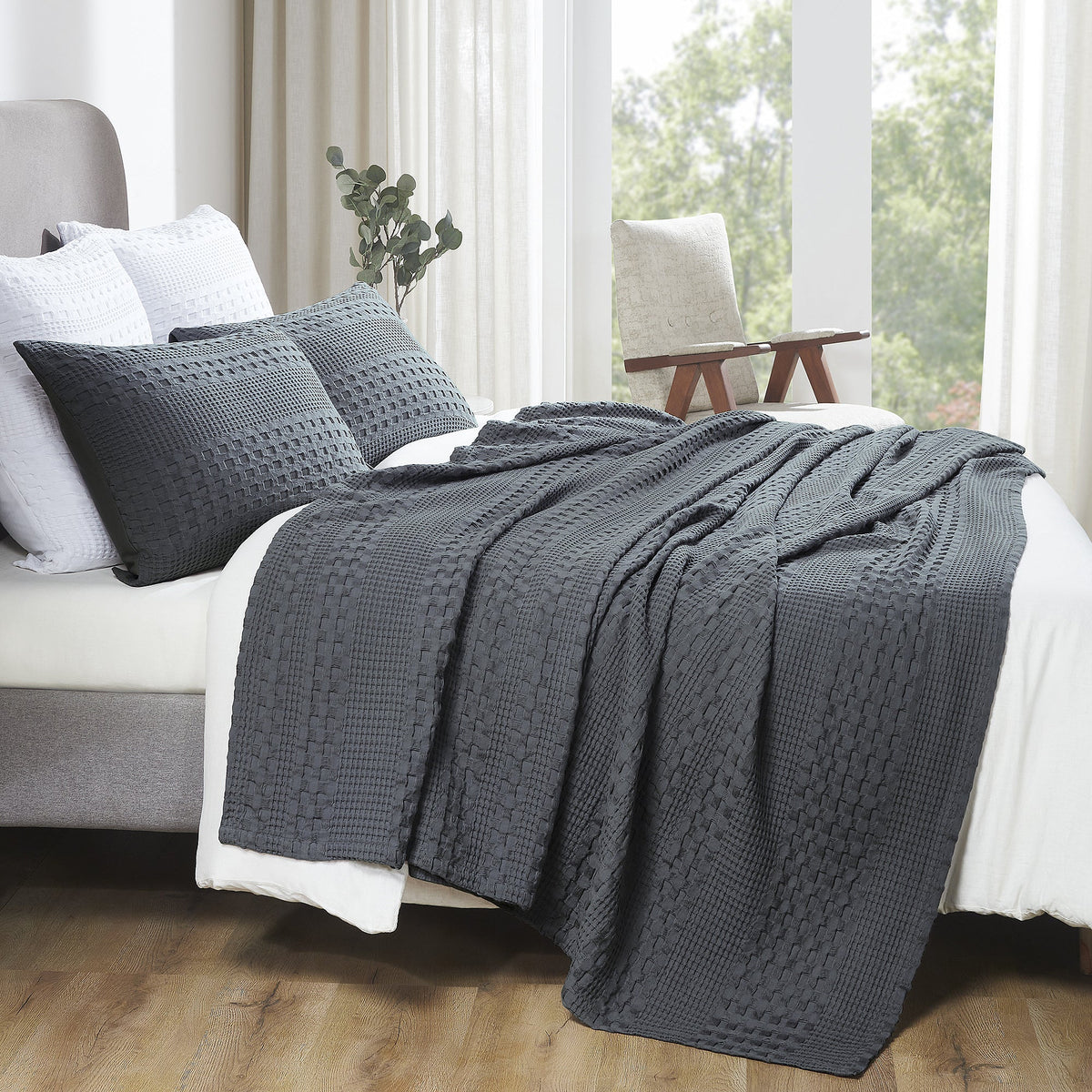 Dark Gray Waffle Weave Cotton Twin Blanket - 66x90 - Lightweight Bed & Sofa Cover -