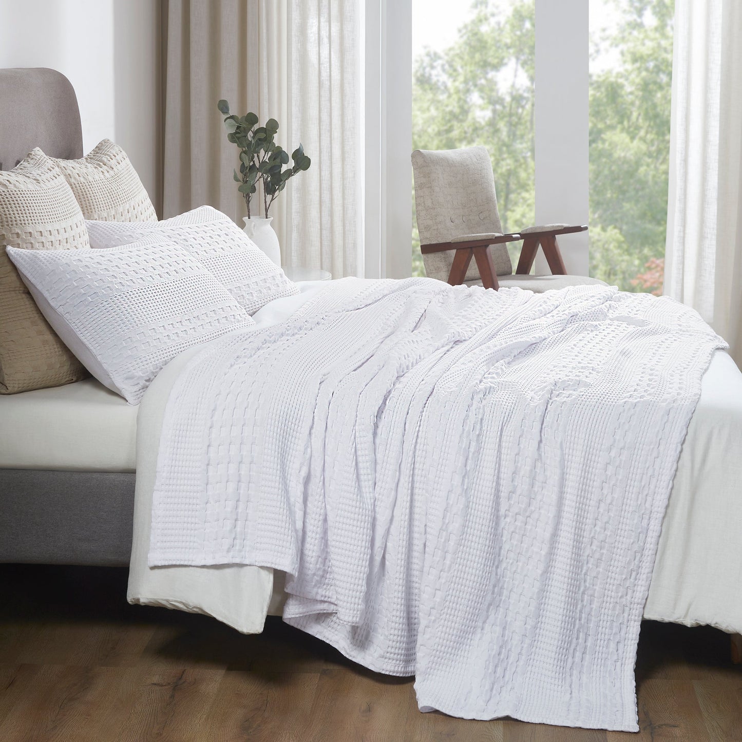 Bright White Waffle Weave Cotton Twin Blanket - 66x90 - Lightweight Bed & Sofa Cover -