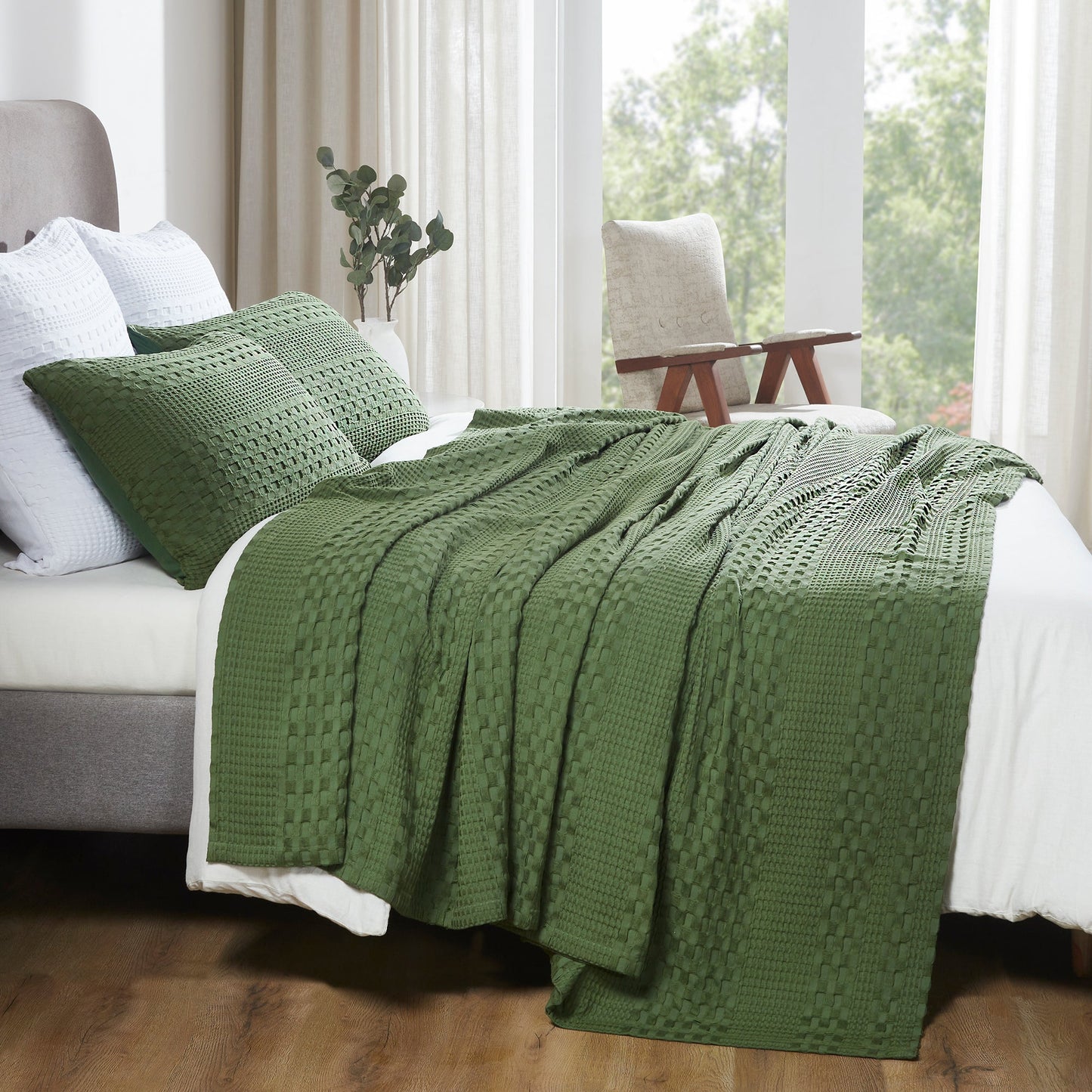 Olive Green Waffle Weave Cotton Queen Blanket - 90x90 - Lightweight Bed & Sofa Cover -
