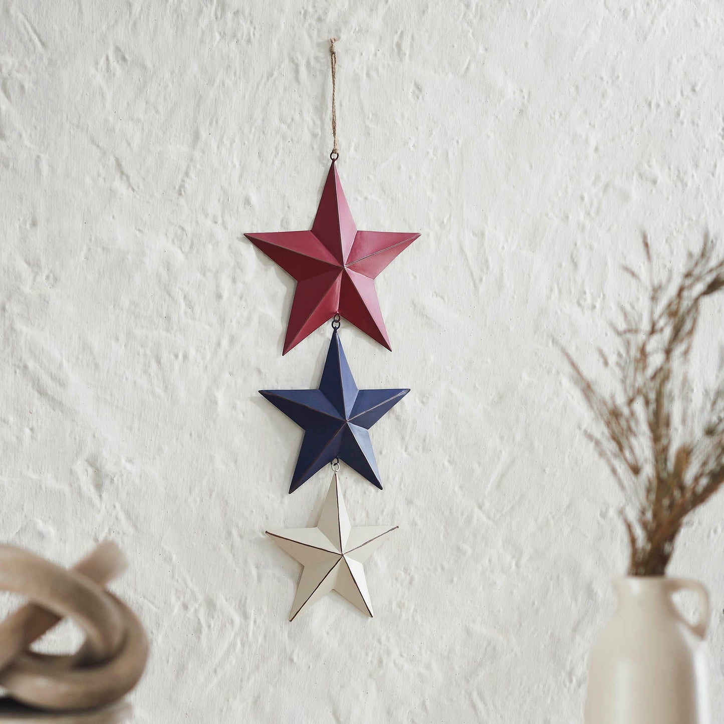 Painted Metal RWB Stars Wall Hanging w/ Jute Twine