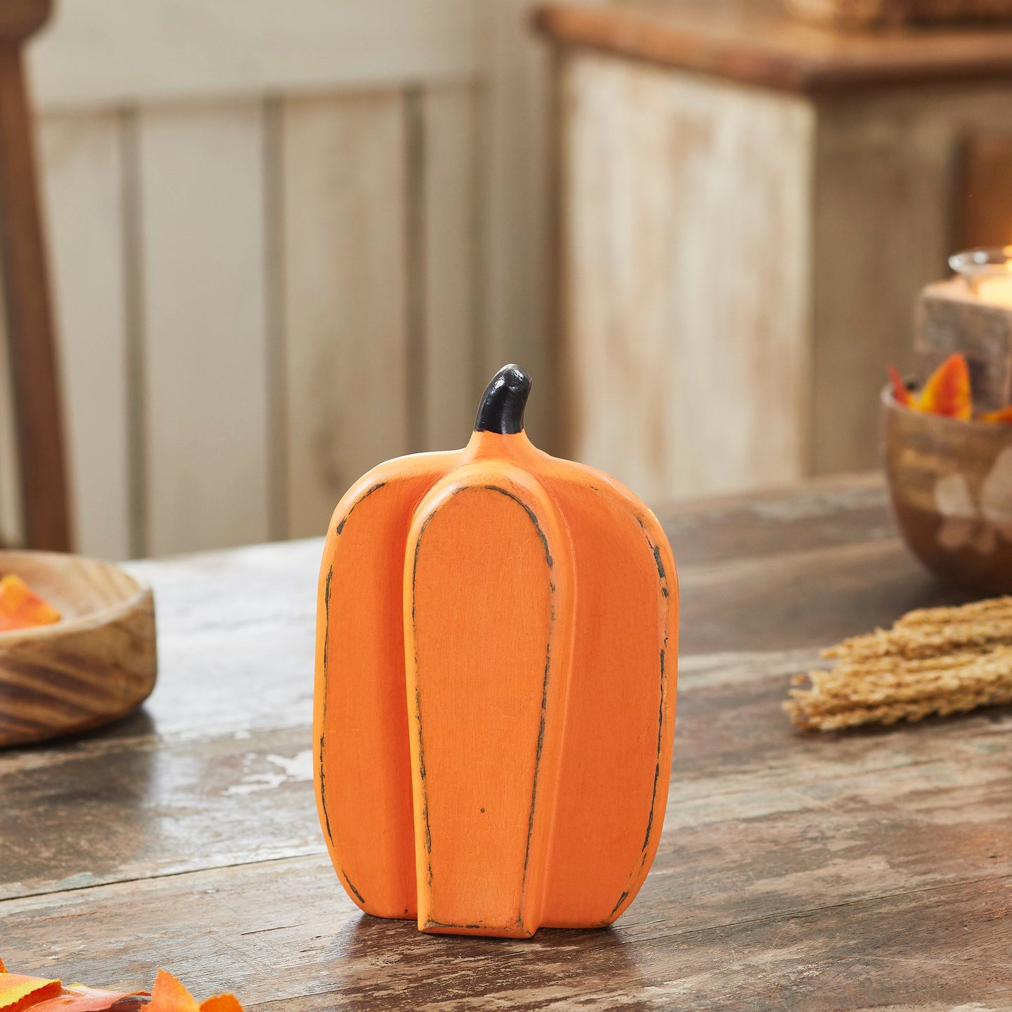 Rustic Wooden Fall Harvest Pumpkin Decor 8Inch Tall Orange Tabletop Figurine