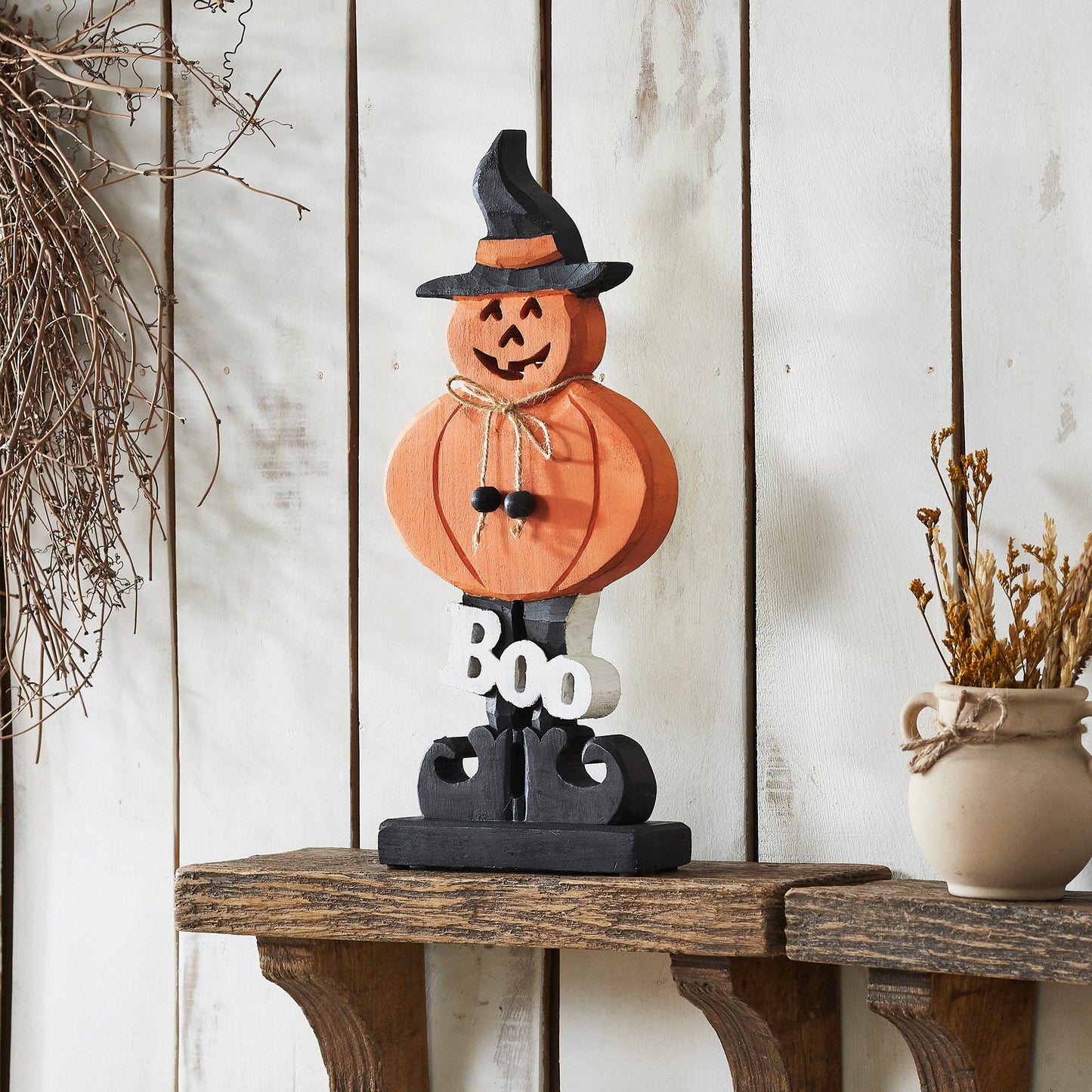 Boo Wooden Jack O Lantern Halloween Fall Seasonal Decor Rustic Carved Wood Tabletop Accent 15.5 H x 7.25 W x 2 D