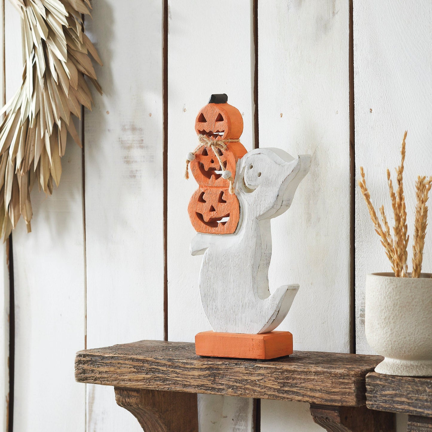 Halloween Wooden Stacked Jack O Lantern Ghost Tabletop Decor Figurine Inch
