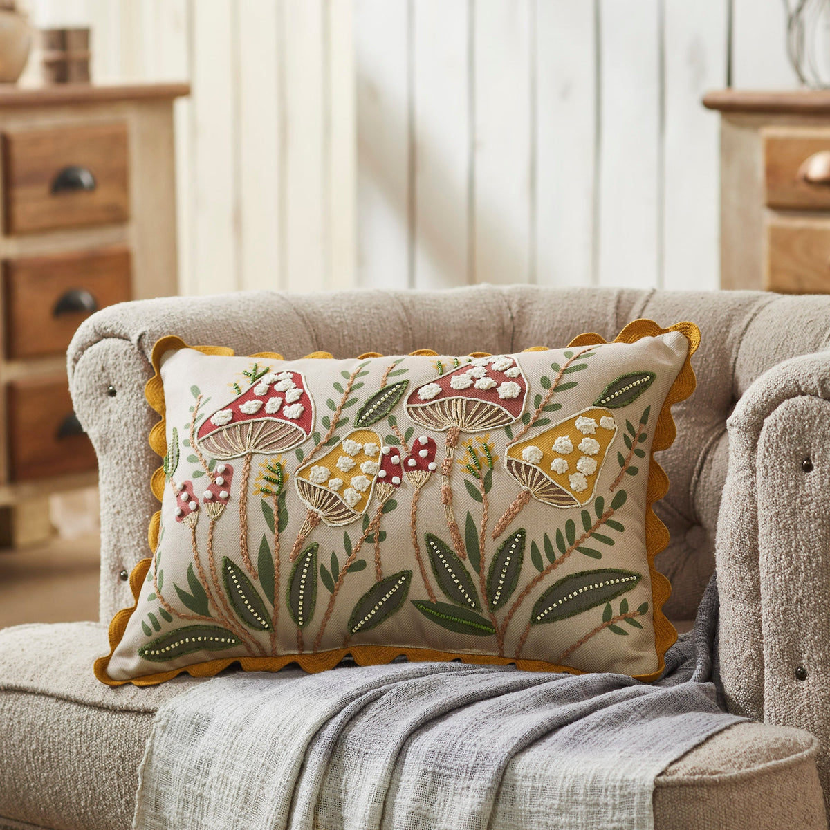 Embroidered Woodland Mushroom Lumbar Throw Pillow Rustic Farmhouse Accent Home Decor