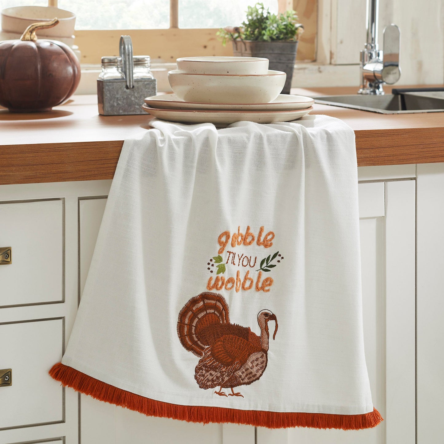Festive Thanksgiving Gobble Til You Wobble Cotton Kitchen Dish Towel Absorbent Fall Decor