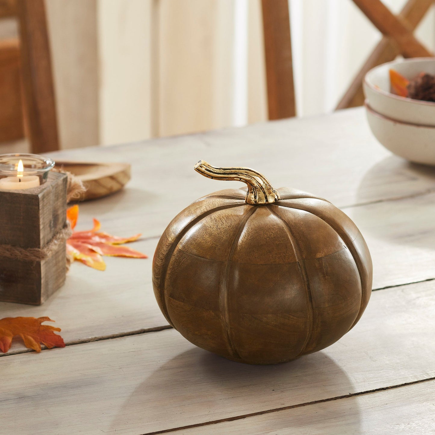 Heirloom Walnut Brown Wooden Pumpkin Fall Farmhouse Tabletop Autumn Decor 6.5x7x7