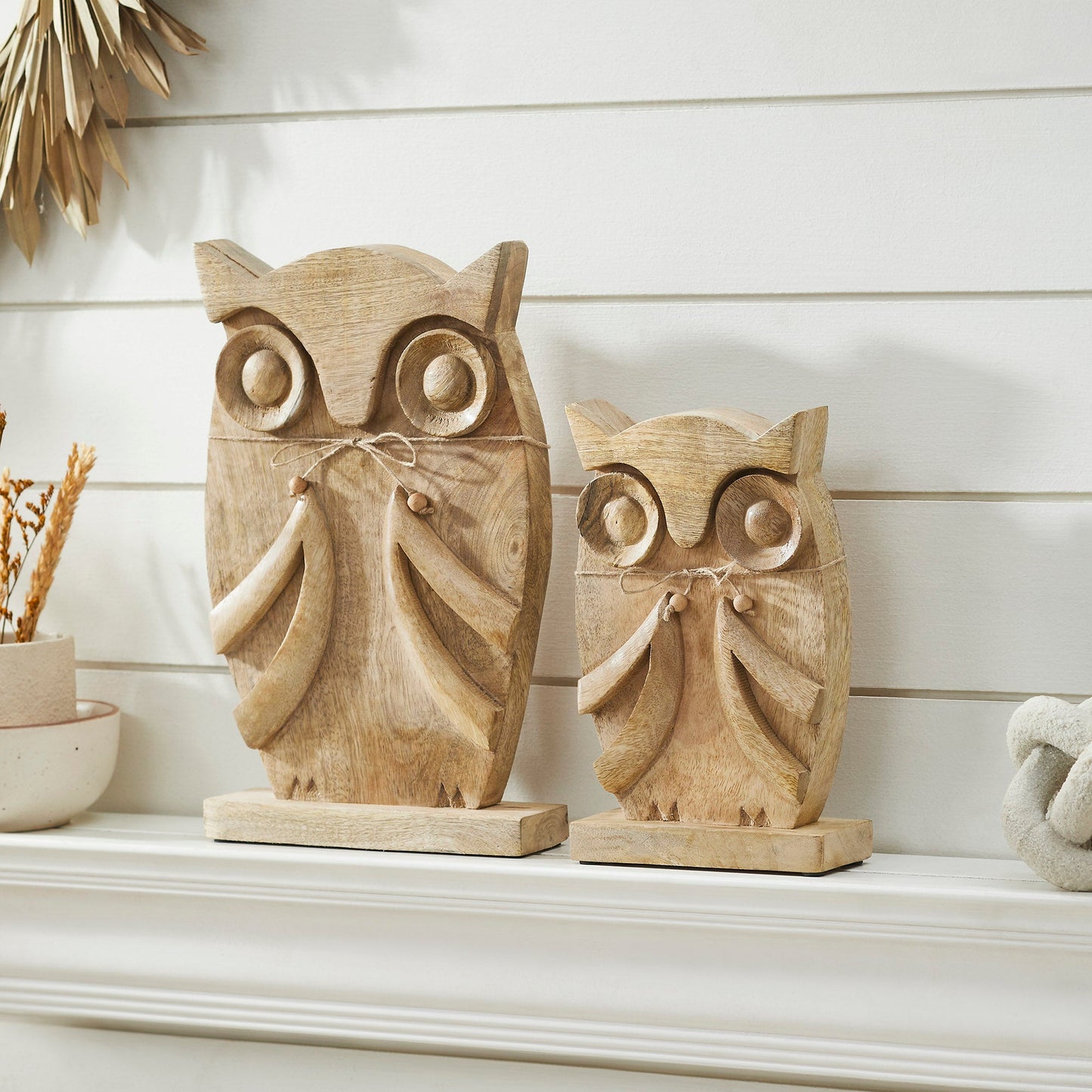 Natural Wooden Owl Decor Statues, Hand Carved Solid Wood Figurines, Set of 2 Rustic Farmhouse Home Accents ( & )