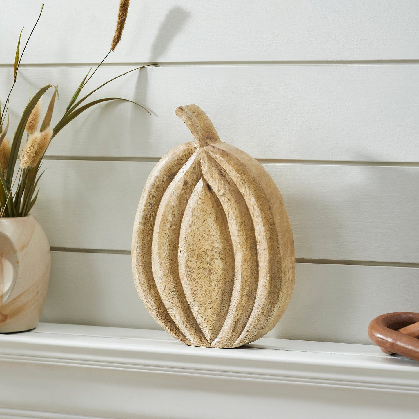 Natural Carved Wooden Pumpkin Fall Farmhouse Tabletop Decor Rustic Solid Wood Autumn Accent 10x7.25x1.5 inches