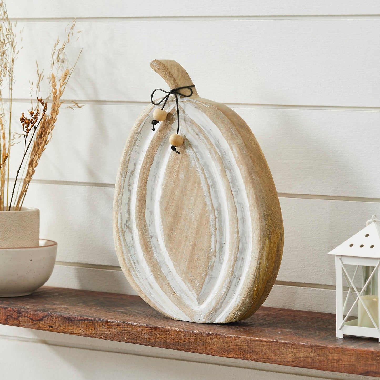 Distressed White Carved Wooden Pumpkin Rustic Farmhouse Fall Autumn Home Decor 12x8.75x1.5 Seasonal Tabletop Accent