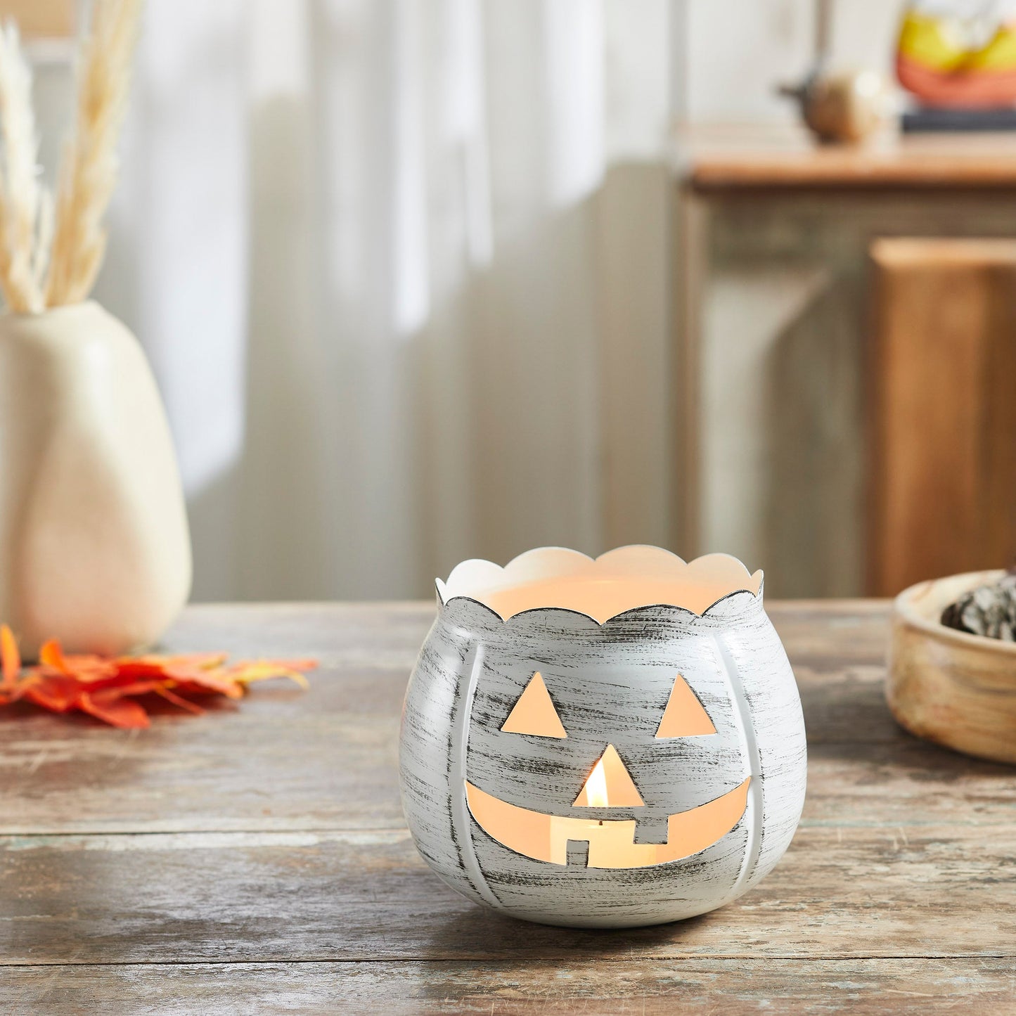 Halloween Jack O Lantern Pumpkin Candle Holder Antique White Fall Tabletop Decor
