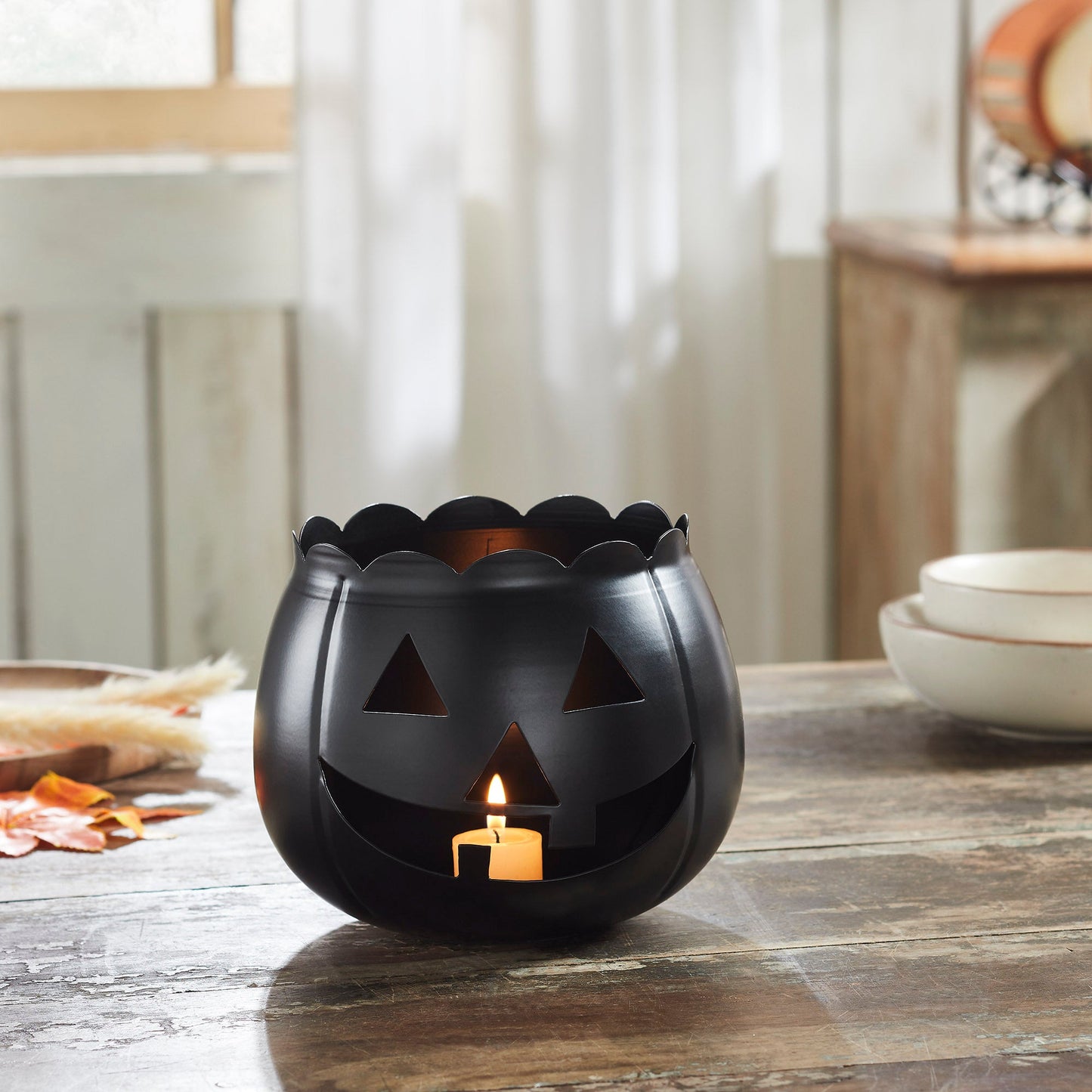 Halloween Black Jack O Lantern Decorative Candle Holder Spooky Pumpkin Votive Lantern 6.25in H x 7.5in W x 7.5in D Seasonal Accent