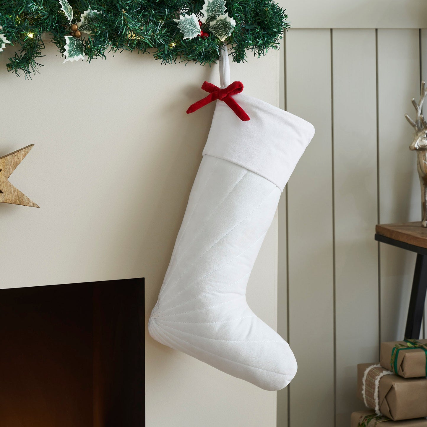 Quilted White Velvet Stocking with Red Bow 11x18