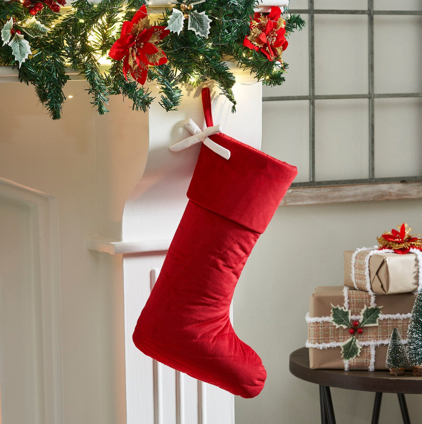 Quilted Red Velvet Stocking with White Bow 11x18