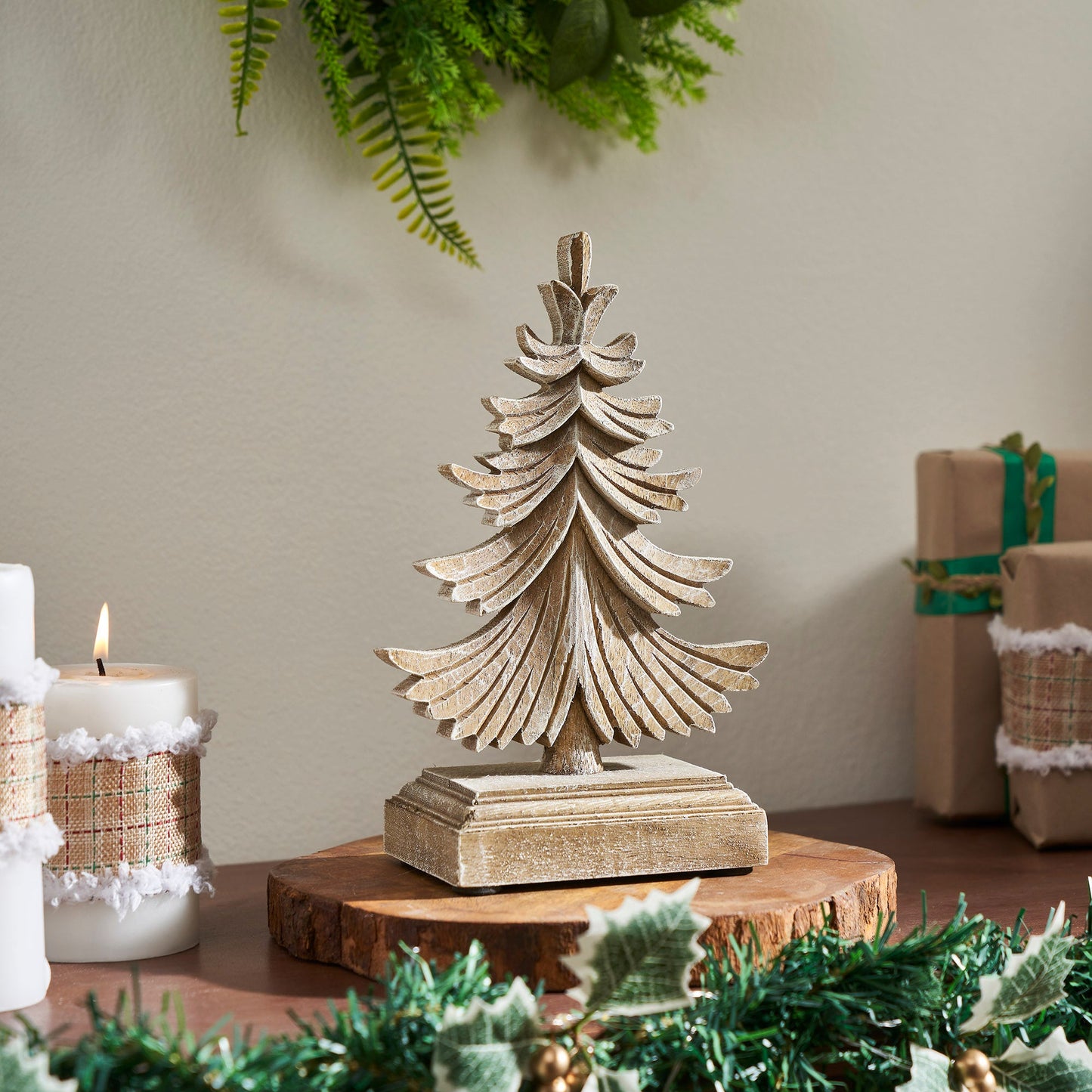 Feathered Finish Winter Pine Wooden Tree