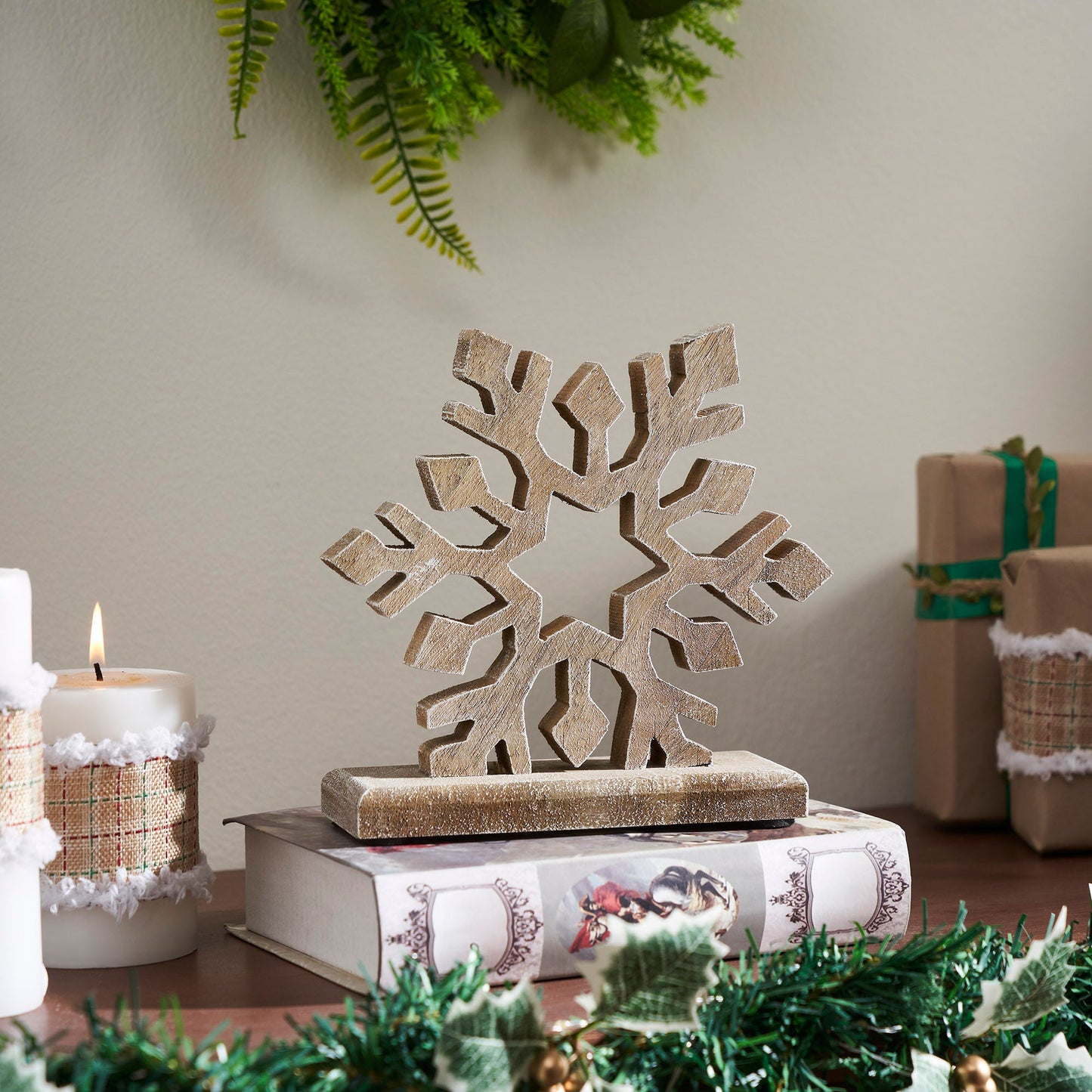 Feathered Finish Wooden Snowflake Natural
