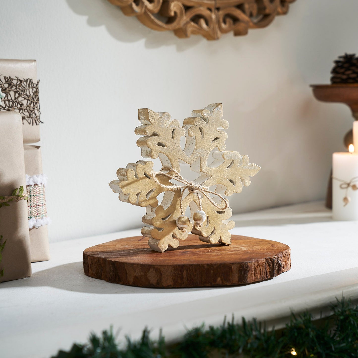 Yuletide Glow Brushed Gold Wooden Snowflake 7.75x7.75x1