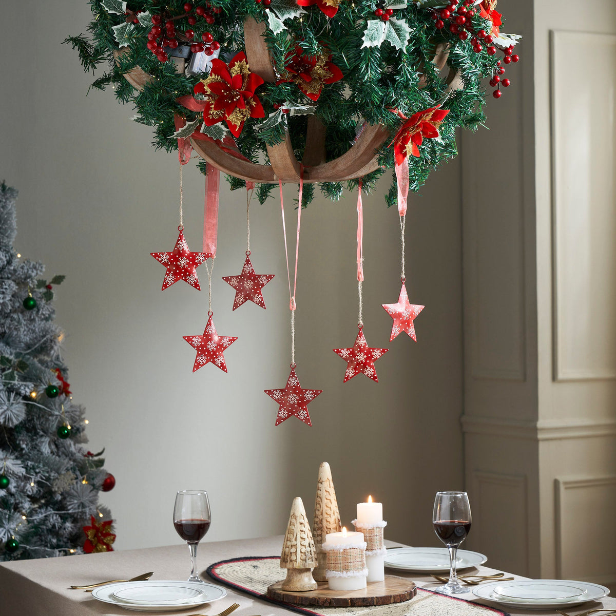 Falling Snow Red Star Metal Ornament Set of 6