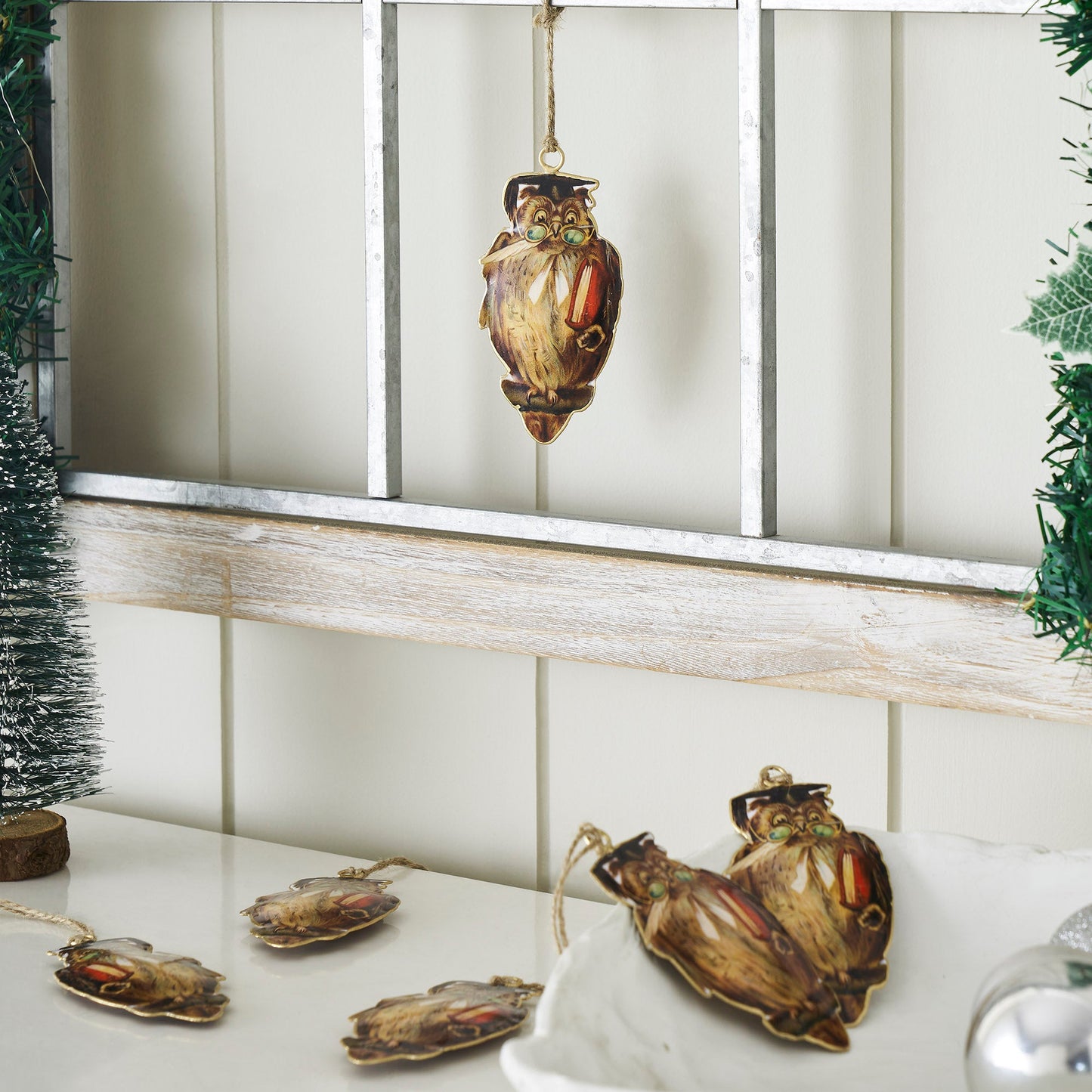 Wise Owl Metal Ornament Set of 6
